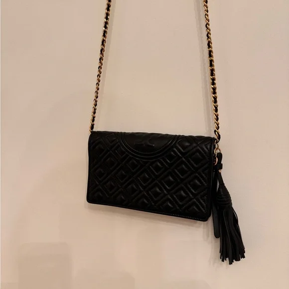 Tory Burch Fleming Wallet Black Quilted Chain Crossbody Bag - Picture 2 of 16